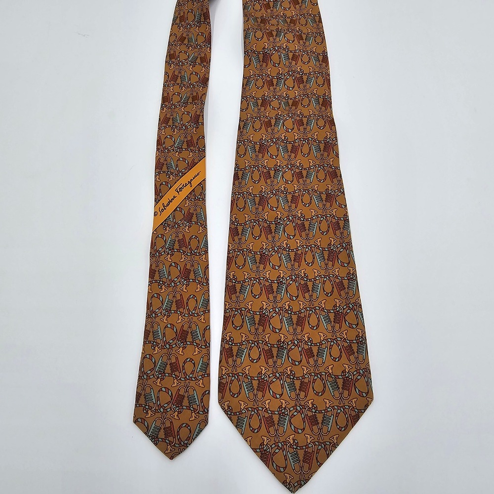 Salvatore Ferragamo Silk Tie‎ Musical Instruments Pattern Brown Gold Men's